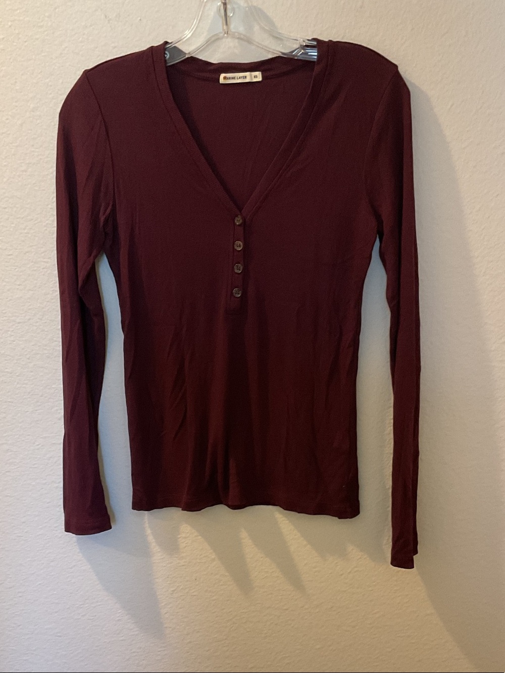 Marine Layer Long Sleeve V-Neck Henley - Burgundy